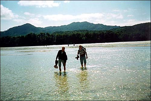 Barry and Mike crossing Aworea bay -- Abel Tasman track, New Zealand