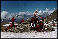 The brave explorers at Thorung La, 5416m. My camera next! :: Thorung La, Nepal
